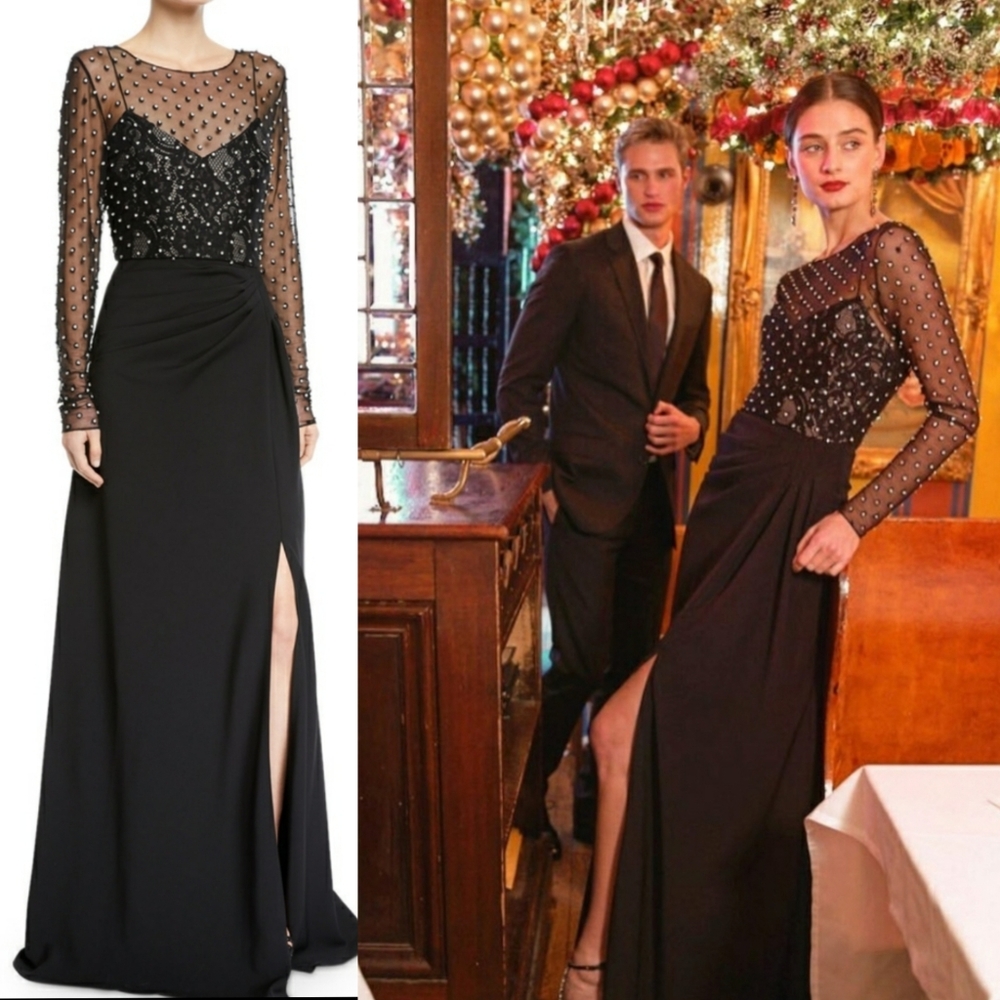 $1,190 NWT BADGLEY MISCHKA Women Black Maxi Long Dress 0 XS Sparkle Ruched Sheer - Picture 11 of 12